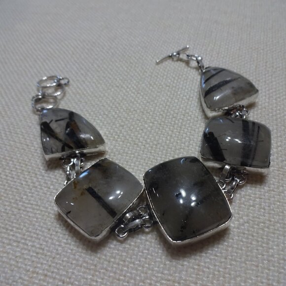 Natural BLACK TOURMALINE QUARTZ Handmade Sterling Bracelet Size 8 1/4" #802B - Picture 3 of 3